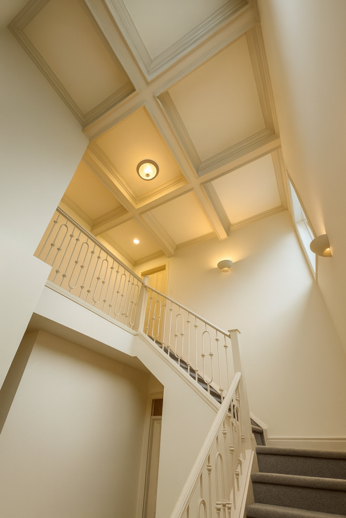 Custom coffered ceiling and beam installation Calgary home