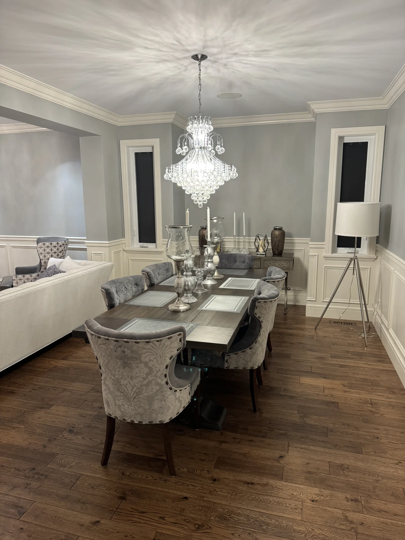Custom picture-frame wainscoting in the dining room