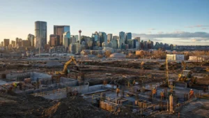 Editorial illustration of major Calgary construction projects moving into active delivery.