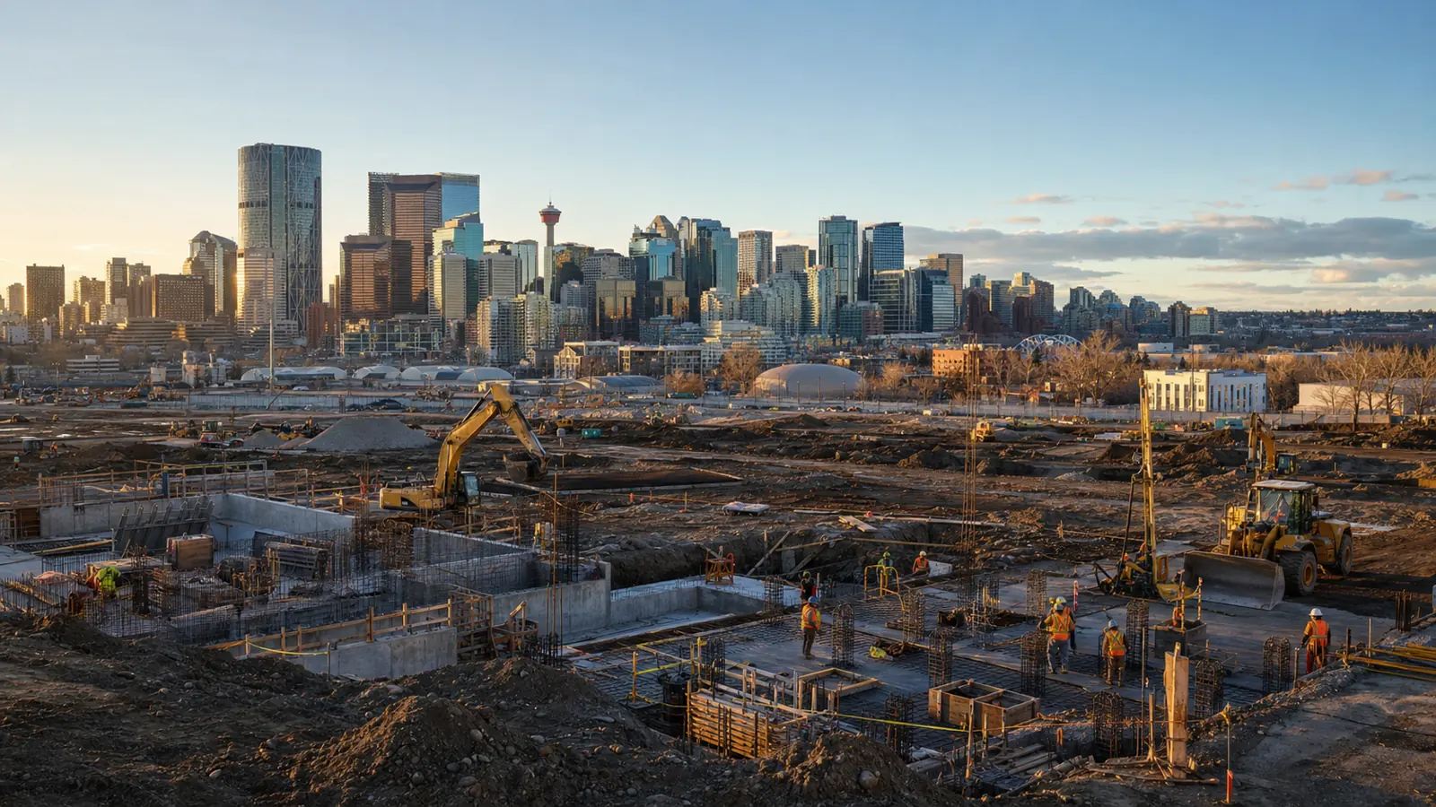 Editorial illustration of an active Calgary construction site with the downtown skyline in the distance