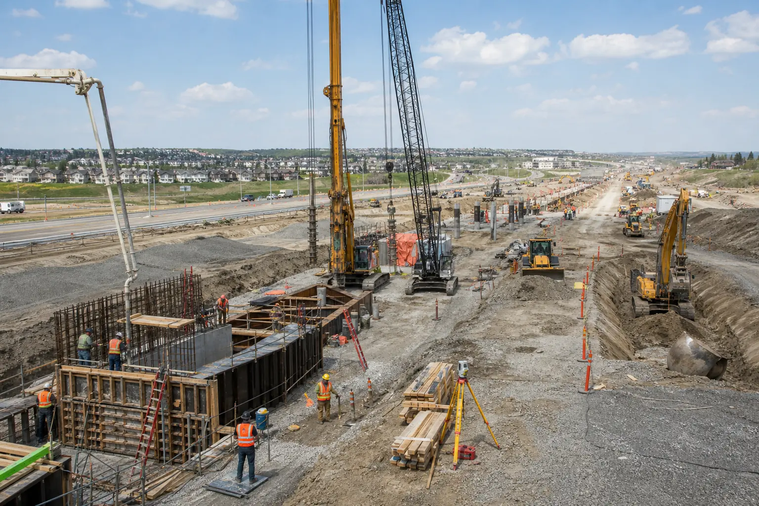 Editorial illustration of organized civil construction on a future Calgary transit corridor