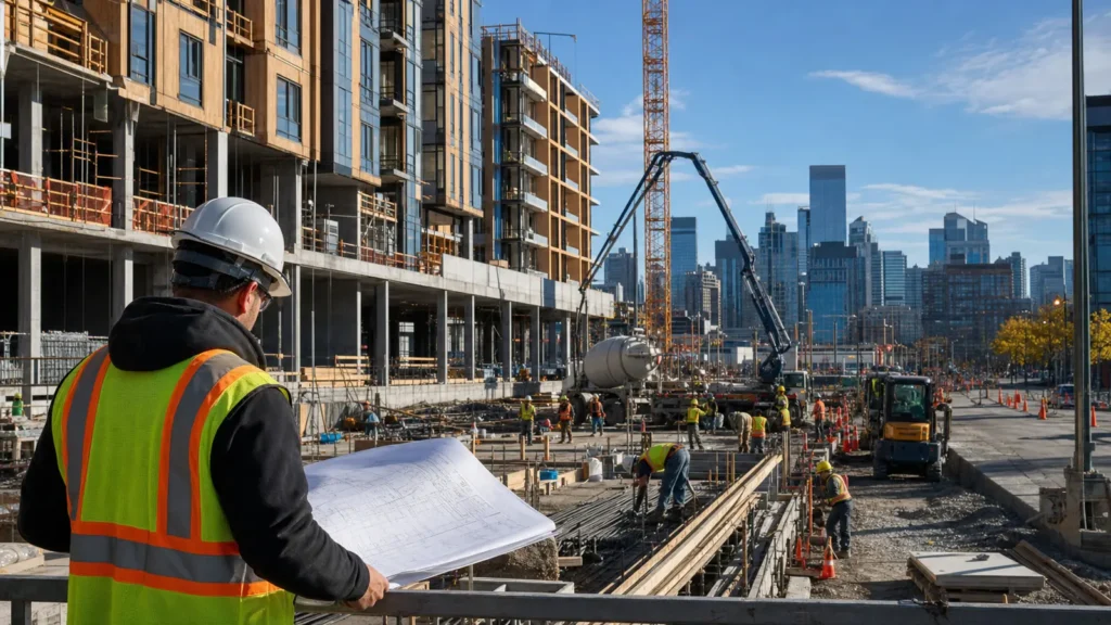 Editorial illustration of coordinated Calgary construction activity.