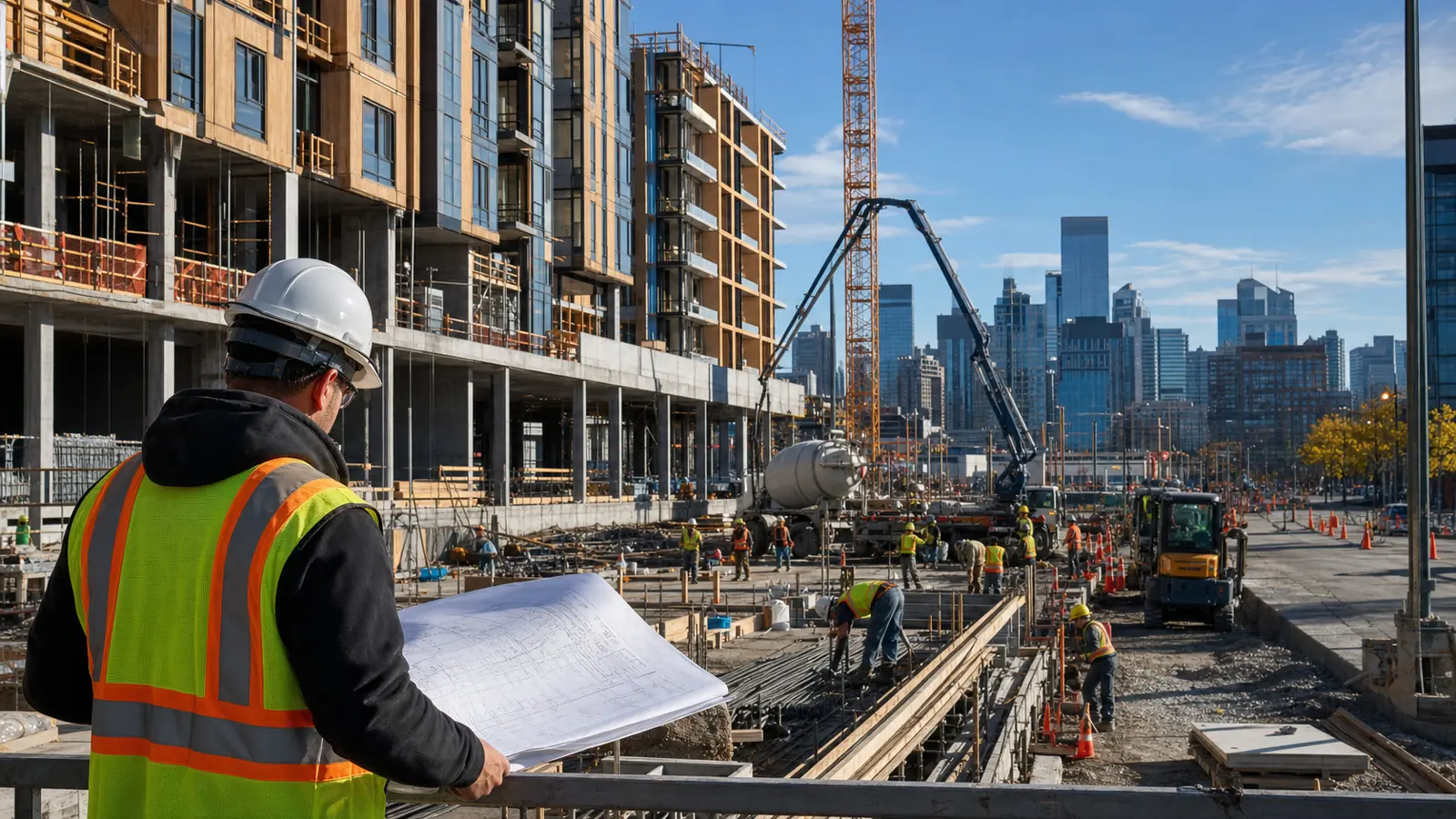 Editorial illustration: Coordinated construction activity in Calgary.