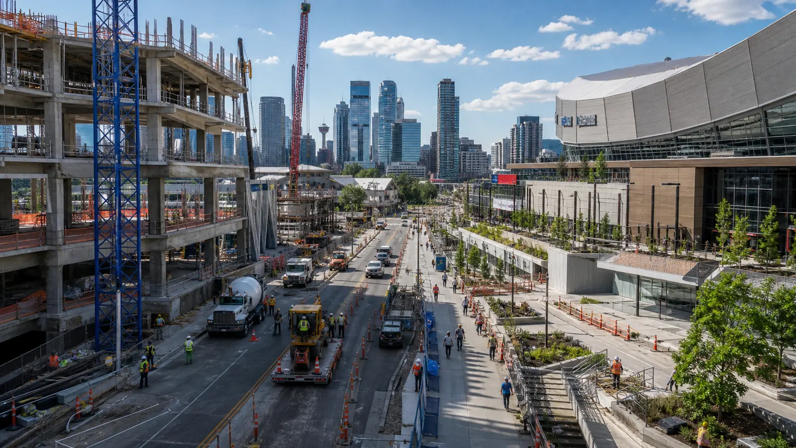 Editorial illustration: Overlapping vertical, civil and public-realm work in Calgary.