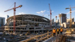 Editorial visualization of major arena construction and surrounding development in Calgary.