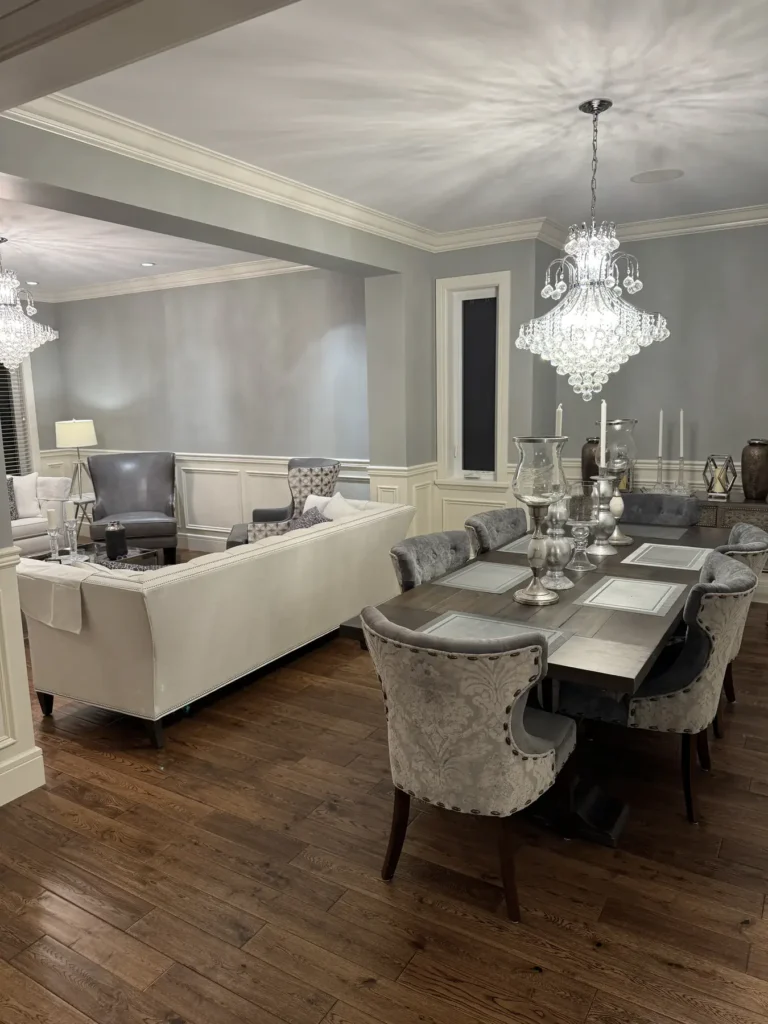 Completed wainscoting connecting the living and dining rooms