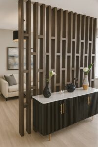 Design render of a wood-slat room divider integrated with a black fluted bar cabinet.