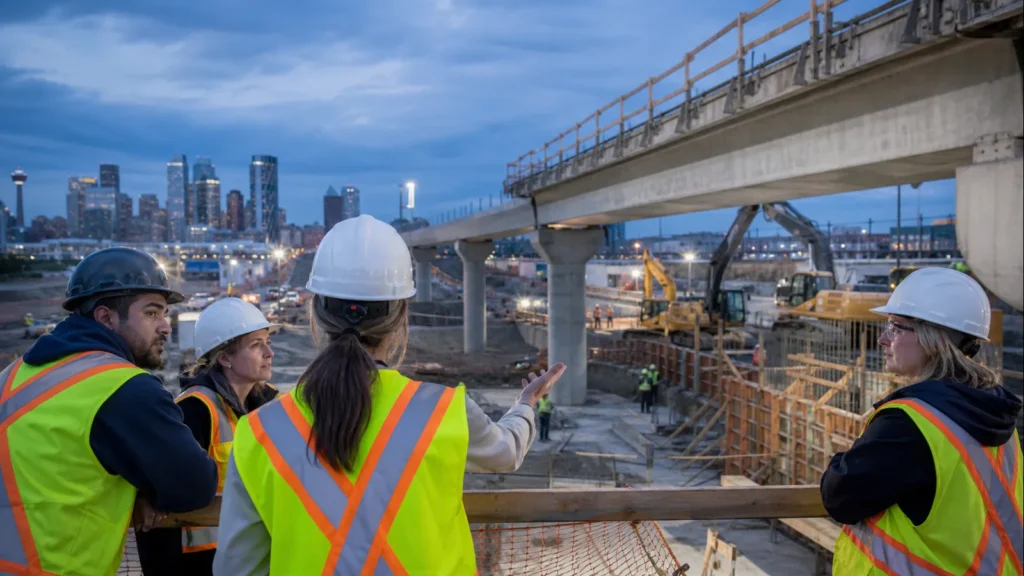 Calgary construction team coordinating civil work beside an elevated guideway