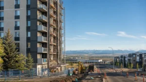 Editorial illustration of an apartment renewal project beside active road and utility construction in Calgary
