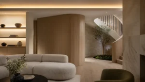 Warm contemporary interior with custom millwork details