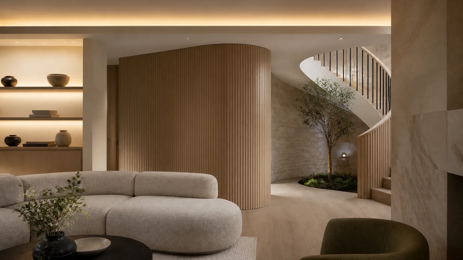 Warm contemporary interior with custom millwork details