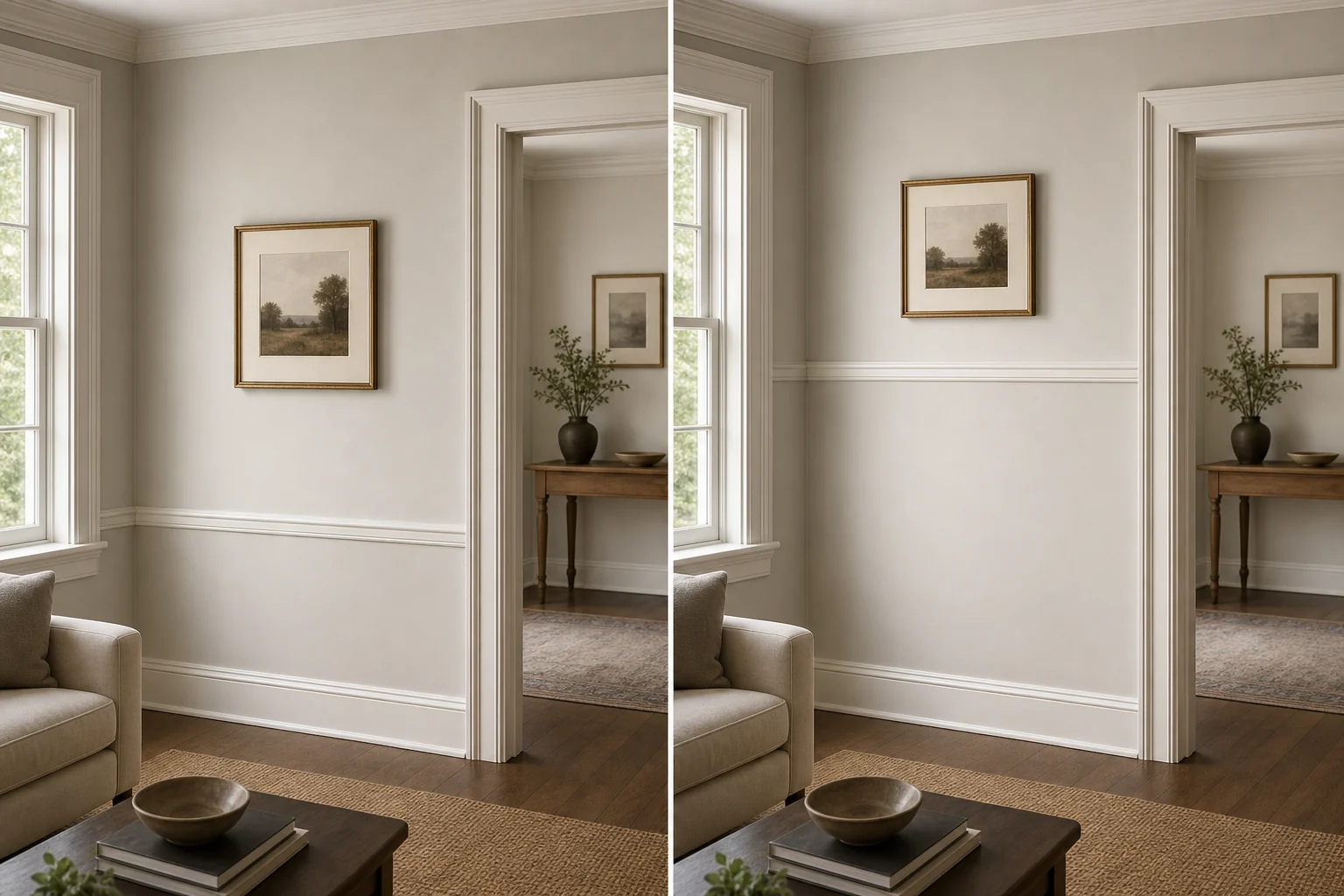 Side-by-side interior comparison showing a lower proportional chair rail and an incorrectly high rail
