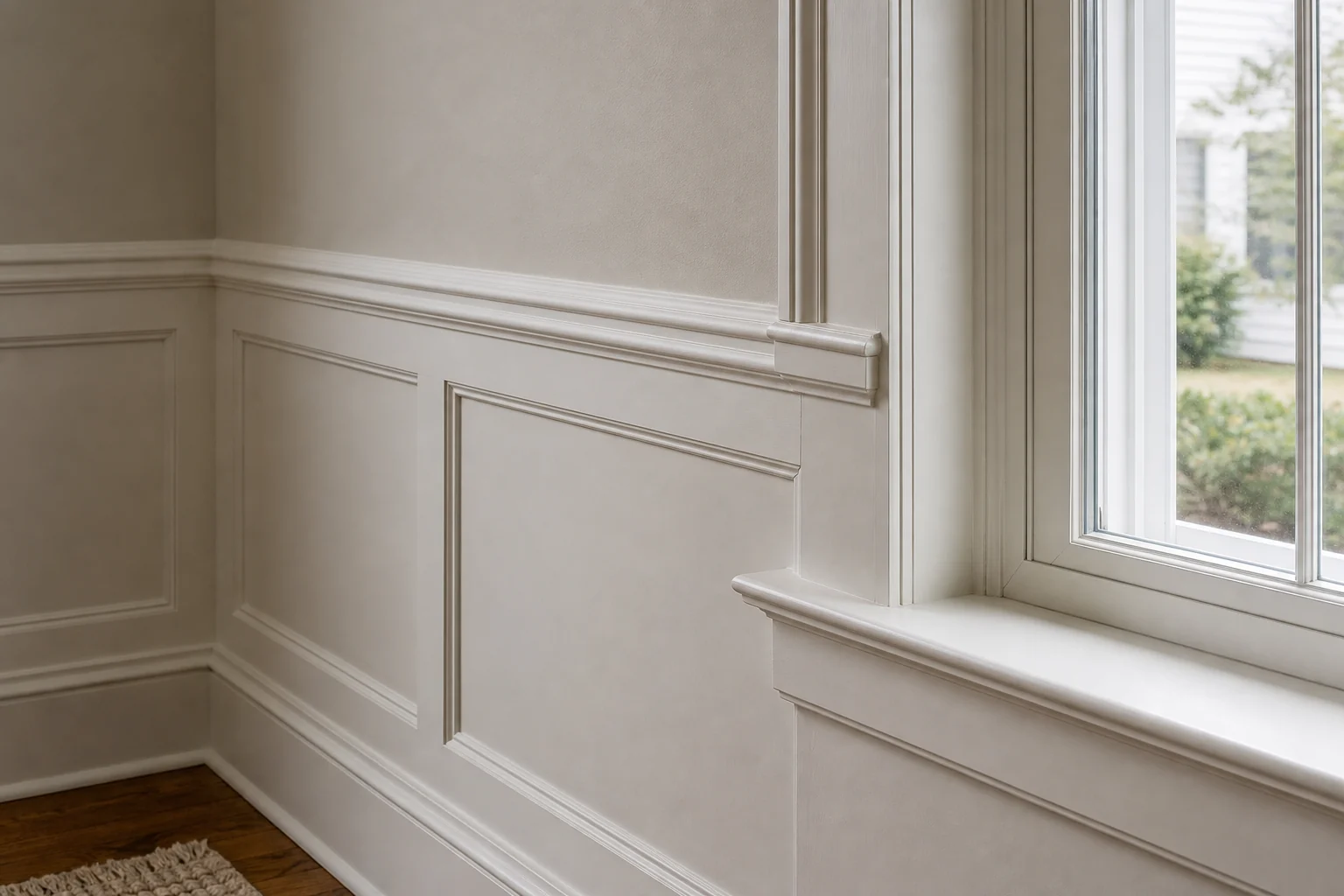 Traditional wainscot, chair rail cap and window trim composed as one system