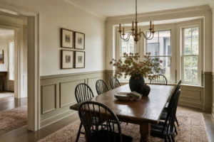 Georgian-inspired dining room with a low chair rail aligned to the window stools