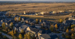 AI-generated conceptual aerial illustration of Alberta residential growth, not an actual named development