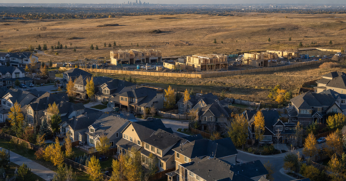 AI-generated conceptual aerial illustration of Alberta residential growth, not an actual named development